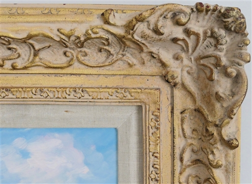 Pretty Bright Colorful Water Scene Oil on Canvas Painting - Artist Signature Under Frame - Framed in Ornate Gold Gilt Frames - Ruby Ansley On Back - Frame Measures 16 1/2 By 18 