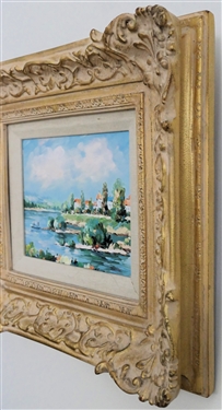 Pretty Bright Colorful Water Scene Oil on Canvas Painting - Artist Signature Under Frame - Framed in Ornate Gold Gilt Frames - Ruby Ansley On Back - Frame Measures 16 1/2 By 18 