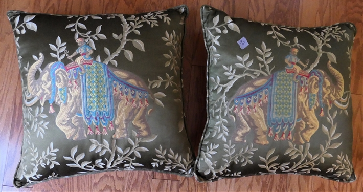 Pair of Beautiful Satin Tapestry Style Elephant Throw Pillow with Pink Satin Back - Pillow Measures 18 By 18 