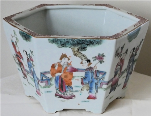 Pretty Hexagon Shaped Asian Planter with Men and Women -  Planter Measures 6 Tall 11 Across