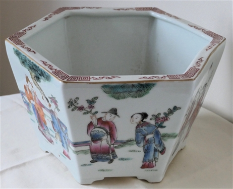 Pretty Hexagon Shaped Asian Planter with Men and Women -  Planter Measures 6 Tall 11 Across