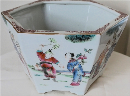 Pretty Hexagon Shaped Asian Planter with Men and Women -  Planter Measures 6 Tall 11 Across