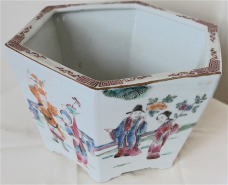 Pretty Hexagon Shaped Asian Planter with Men and Women -  Planter Measures 6 Tall 11 Across