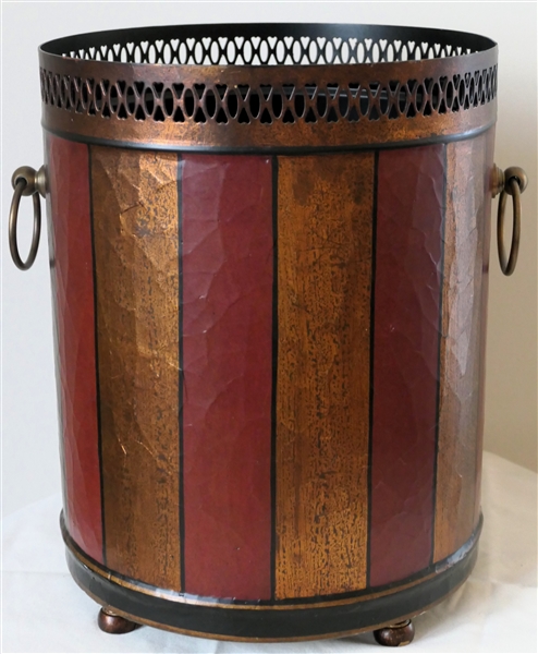 Ruby Ansley Interiors Red and Gold Towle Painted Wastebasket with Pierced Metal Top Edge - Trash Can Measures 12" Tall 9 1/2" Across