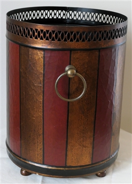 Ruby Ansley Interiors Red and Gold Towle Painted Wastebasket with Pierced Metal Top Edge - Trash Can Measures 12 Tall 9 1/2 Across