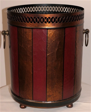 Ruby Ansley Interiors Red and Gold Towle Painted Wastebasket with Pierced Metal Top Edge - Trash Can Measures 12 Tall 9 1/2 Across