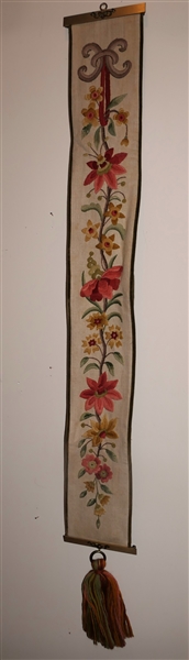 Hand Stitched Crewel Work Floral Bell Pull - Green Velvet Trim and Back - Brass Hardware - Pull Measures 46" - Back Has Begun to Separate in Some Places 