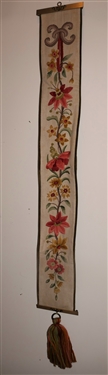 Hand Stitched Crewel Work Floral Bell Pull - Green Velvet Trim and Back - Brass Hardware - Pull Measures 46 - Back Has Begun to Separate in Some Places 