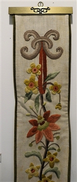 Hand Stitched Crewel Work Floral Bell Pull - Green Velvet Trim and Back - Brass Hardware - Pull Measures 46 - Back Has Begun to Separate in Some Places 