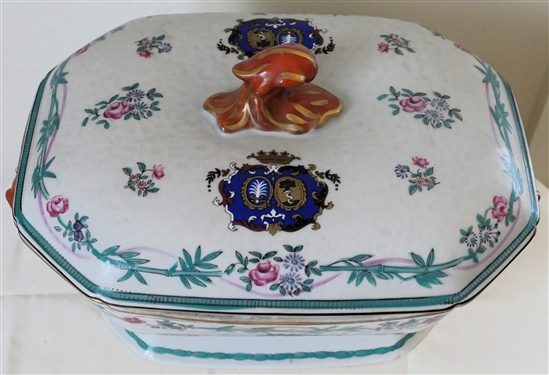 Contemporary Chinese Export Coat of Arms Tureen with Underplate - Figural Rabbit Handles - - Bamboo and Flower Trim - Tureen Measures 6 Tall 12 by 9 - Platter Measures 14 1/2 by 11 