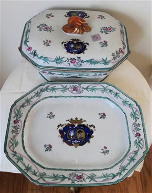 Contemporary Chinese Export Coat of Arms Tureen with Underplate - Figural Rabbit Handles - - Bamboo and Flower Trim - Tureen Measures 6 Tall 12 by 9 - Platter Measures 14 1/2 by 11 