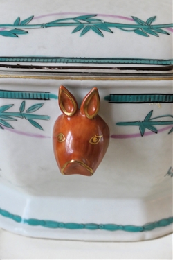 Contemporary Chinese Export Coat of Arms Tureen with Underplate - Figural Rabbit Handles - - Bamboo and Flower Trim - Tureen Measures 6 Tall 12 by 9 - Platter Measures 14 1/2 by 11 
