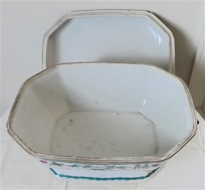 Contemporary Chinese Export Coat of Arms Tureen with Underplate - Figural Rabbit Handles - - Bamboo and Flower Trim - Tureen Measures 6 Tall 12 by 9 - Platter Measures 14 1/2 by 11 