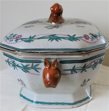 Contemporary Chinese Export Coat of Arms Tureen with Underplate - Figural Rabbit Handles - - Bamboo and Flower Trim - Tureen Measures 6 Tall 12 by 9 - Platter Measures 14 1/2 by 11 