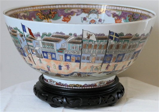 Pretty Contemporary Decorator Bowl with Harbor Scenes and Sailing Ship Under British Flag - On Ruby Ausley Interiors Wooden Stand - Bowl Measures  6 1/2 Tall 14 1/2 Across
