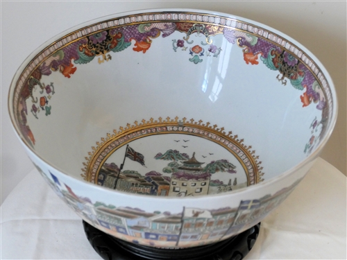 Pretty Contemporary Decorator Bowl with Harbor Scenes and Sailing Ship Under British Flag - On Ruby Ausley Interiors Wooden Stand - Bowl Measures  6 1/2 Tall 14 1/2 Across