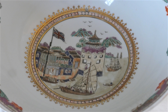 Pretty Contemporary Decorator Bowl with Harbor Scenes and Sailing Ship Under British Flag - On Ruby Ausley Interiors Wooden Stand - Bowl Measures  6 1/2 Tall 14 1/2 Across