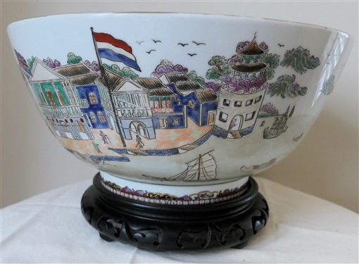 Pretty Contemporary Decorator Bowl with Harbor Scenes and Sailing Ship Under British Flag - On Ruby Ausley Interiors Wooden Stand - Bowl Measures  6 1/2 Tall 14 1/2 Across