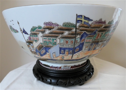 Pretty Contemporary Decorator Bowl with Harbor Scenes and Sailing Ship Under British Flag - On Ruby Ausley Interiors Wooden Stand - Bowl Measures  6 1/2 Tall 14 1/2 Across