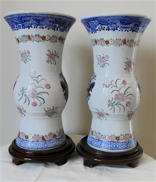 Pair of Contemporary Asian Decorator Mantle Vases with Wood Stands - Ruby Ausley Interiors Stickers - Vases Measure 12 1/4 Tall 