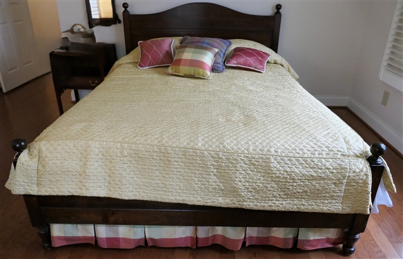Contemporary Queen Size Wooden Bed with Paneled Head Board - Wood Rails - Nice Clean Gold Comforter - Plaid Skirt - All Bedding Included 