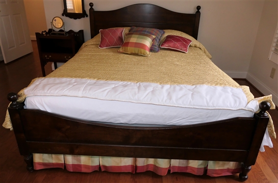 Contemporary Queen Size Wooden Bed with Paneled Head Board - Wood Rails - Nice Clean Gold Comforter - Plaid Skirt - All Bedding Included 
