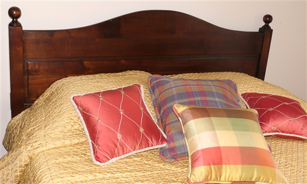 Contemporary Queen Size Wooden Bed with Paneled Head Board - Wood Rails - Nice Clean Gold Comforter - Plaid Skirt - All Bedding Included 