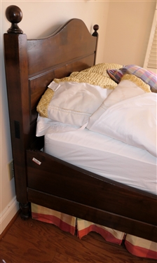 Contemporary Queen Size Wooden Bed with Paneled Head Board - Wood Rails - Nice Clean Gold Comforter - Plaid Skirt - All Bedding Included 