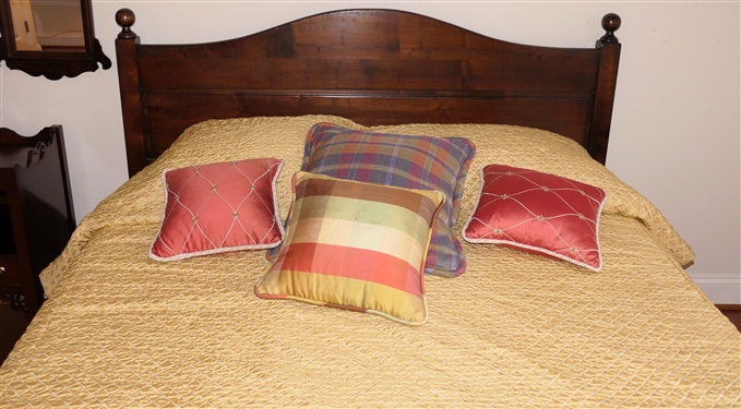 Contemporary Queen Size Wooden Bed with Paneled Head Board - Wood Rails - Nice Clean Gold Comforter - Plaid Skirt - All Bedding Included 