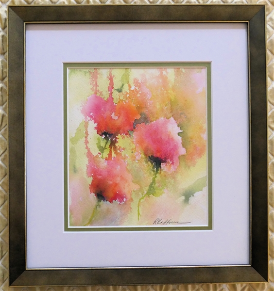 "Pink Roses" Watercolor Painting by Rosemary Kahlmus - Artist Signed in Lower Right - Framed and Double Matted - Frame Measures 14" By 13" 