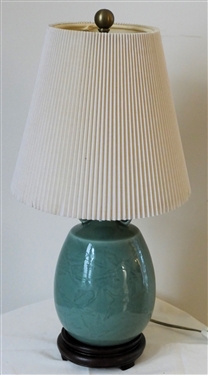Celadon Vase Style Table Lamp with Flying Cranes - Wood Base - Nice Pleated Shade - Lamp Measures 12 to Bulb 