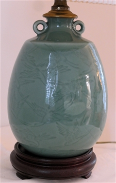 Celadon Vase Style Table Lamp with Flying Cranes - Wood Base - Nice Pleated Shade - Lamp Measures 12 to Bulb 
