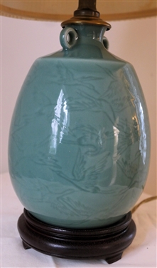 Celadon Vase Style Table Lamp with Flying Cranes - Wood Base - Nice Pleated Shade - Lamp Measures 12 to Bulb 