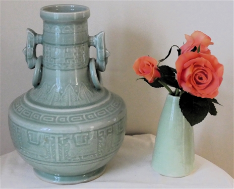Contemporary Asian Celadon Decorator Vase wit Embossed Decoration and Light Mint Green Ceramic Vase with 3 Realistic Faux Roses - Celadon Vase Measures 11 1/2 Tall 