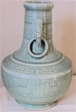 Contemporary Asian Celadon Decorator Vase wit Embossed Decoration and Light Mint Green Ceramic Vase with 3 Realistic Faux Roses - Celadon Vase Measures 11 1/2 Tall 