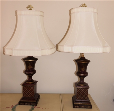 Contemporary Urn Style Metal Table Lamps - Red Antiqued Finish with Gold Asian Motif Decoration - Beautiful Shades With Ribbed and Corded Accents -  Lamps Measure 21 To Bulbs
