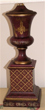 Contemporary Urn Style Metal Table Lamps - Red Antiqued Finish with Gold Asian Motif Decoration - Beautiful Shades With Ribbed and Corded Accents -  Lamps Measure 21 To Bulbs