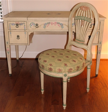 Fine John Widdicome - Grand Rapids -Vanity Table with Matching Chair - Beautifully Hand Painted with Leaf and Floral Swags and Pink Bows - Matching Painted Chair with Coordinating Upholstery -...