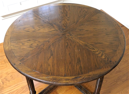 Round Oak Breakfast Table with Stretcher Base - Reeded Column Legs - Table Measures 29 tall 43 Across 