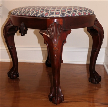 Baker Furniture Historic Charleston Reproductions  - Chippendale Style Stool -Carved Shell Legs and Shell Accent on Apron - Ball and Claw Feet - Blue and Mauve Upholstery -  Original Brass and...