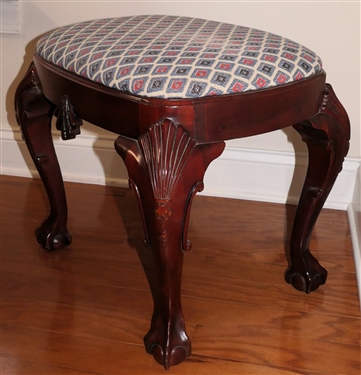 Baker Furniture Historic Charleston Reproductions  - Chippendale Style Stool -Carved Shell Legs and Shell Accent on Apron - Ball and Claw Feet - Blue and Mauve Upholstery -  Original Brass and...