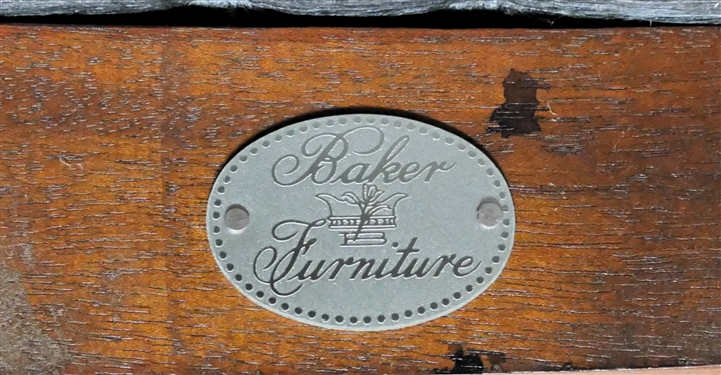 Baker Furniture Historic Charleston Reproductions  - Chippendale Style Stool -Carved Shell Legs and Shell Accent on Apron - Ball and Claw Feet - Blue and Mauve Upholstery -  Original Brass and...