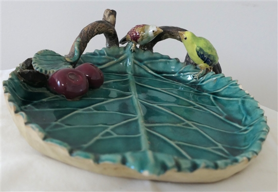 Heavy Art Pottery Leaf Dish with Birds and Berries Plus Puzzle - Measures 13 By 9 1/2 - Some Minor Glaze Flaking Around Scalloped Edges of Leaf 
