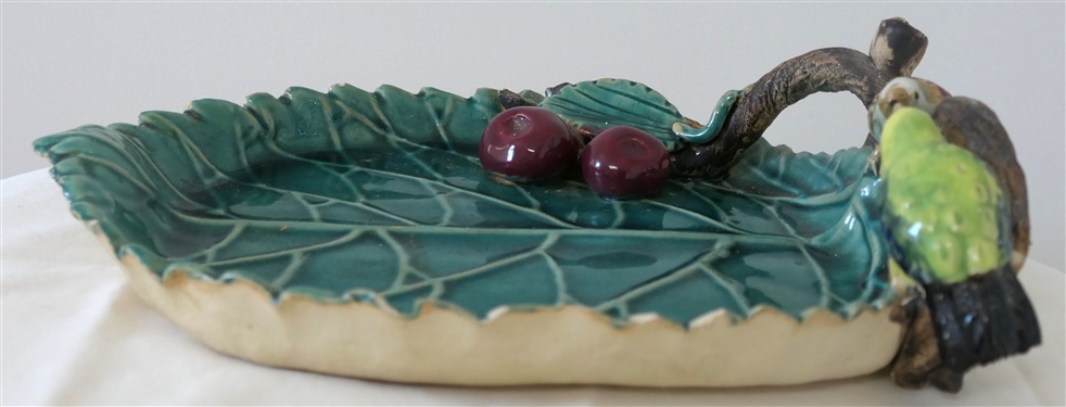 Heavy Art Pottery Leaf Dish with Birds and Berries Plus Puzzle - Measures 13 By 9 1/2 - Some Minor Glaze Flaking Around Scalloped Edges of Leaf 