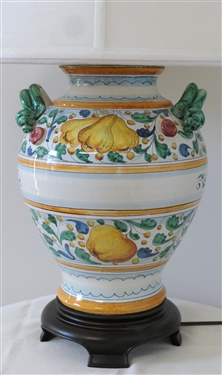 Beautiful Hand Painted Italian Art Pottery Vase Style Table Lamp  Peri Guanditi on Front - Wood Base - Nice Shade - Missing Finial - Lamp Measures 16 To Bulb