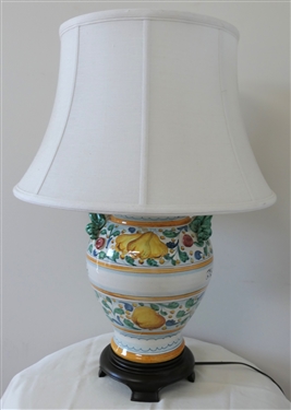 Beautiful Hand Painted Italian Art Pottery Vase Style Table Lamp  Peri Guanditi on Front - Wood Base - Nice Shade - Missing Finial - Lamp Measures 16 To Bulb
