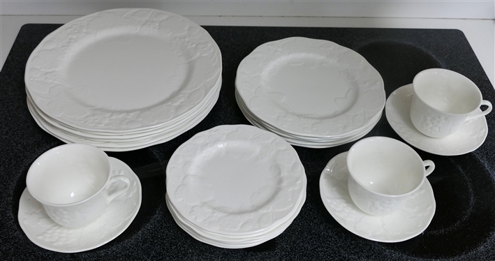 24 Pieces of Wedgwood Strawberry and Vine Bone China - 6 Dinner Plates, 5 Luncheon / Salad Plates, 6 Dessert / Bread Plates, and 3 Cup and Saucer Sets - 1 Additional Saucer Not Pictured 