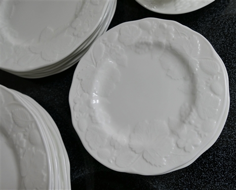 24 Pieces of Wedgwood Strawberry and Vine Bone China - 6 Dinner Plates, 5 Luncheon / Salad Plates, 6 Dessert / Bread Plates, and 3 Cup and Saucer Sets - 1 Additional Saucer Not Pictured 