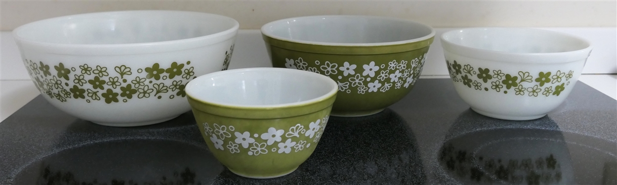 4 Piece Nesting Set of Avocado Green Spring Blossom Pyrex Mixing Bowls - Largest Measures 10 1/4 Smallest 5 3/4