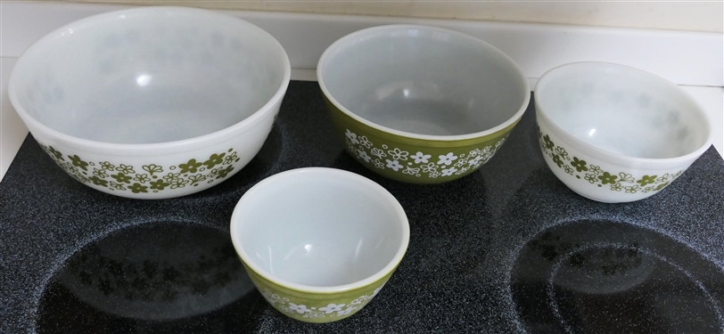 4 Piece Nesting Set of Avocado Green Spring Blossom Pyrex Mixing Bowls - Largest Measures 10 1/4 Smallest 5 3/4